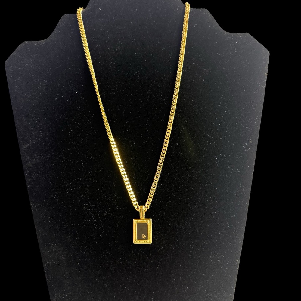 Vintage Christian Dior Pendant Necklace Women OS Gold Black Logo Curb Chain - Picture 5 of 7